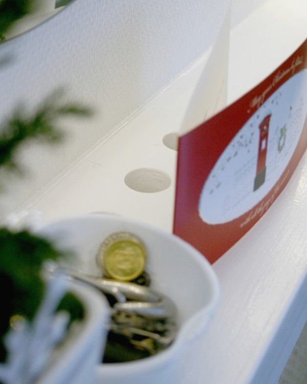 A bowl of keys on the radiator cover shelf