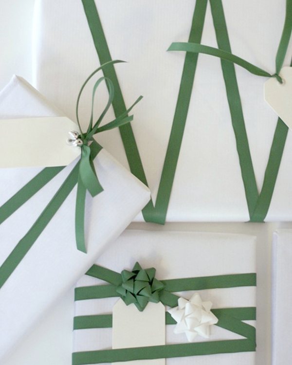A parcel with green ribbon crossed over white paper